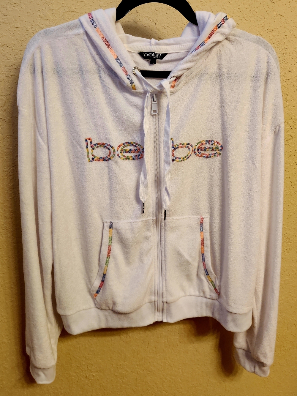 bebe White Hooded Terry Zip Jacket with Multicolor Trim